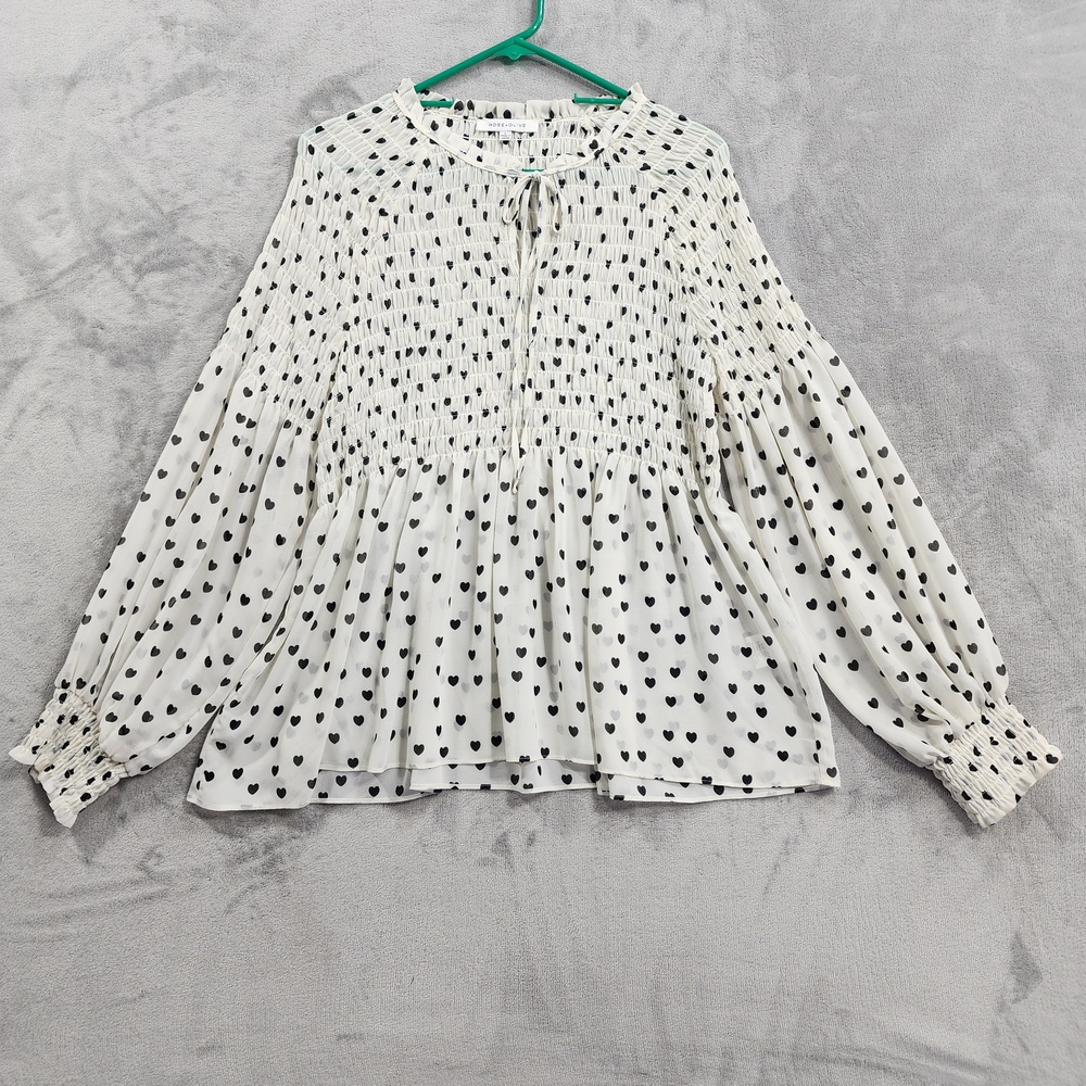 Rose+Olive Top Womens L White Heart Print Smocked Chiffon Long Sleeve Tunic